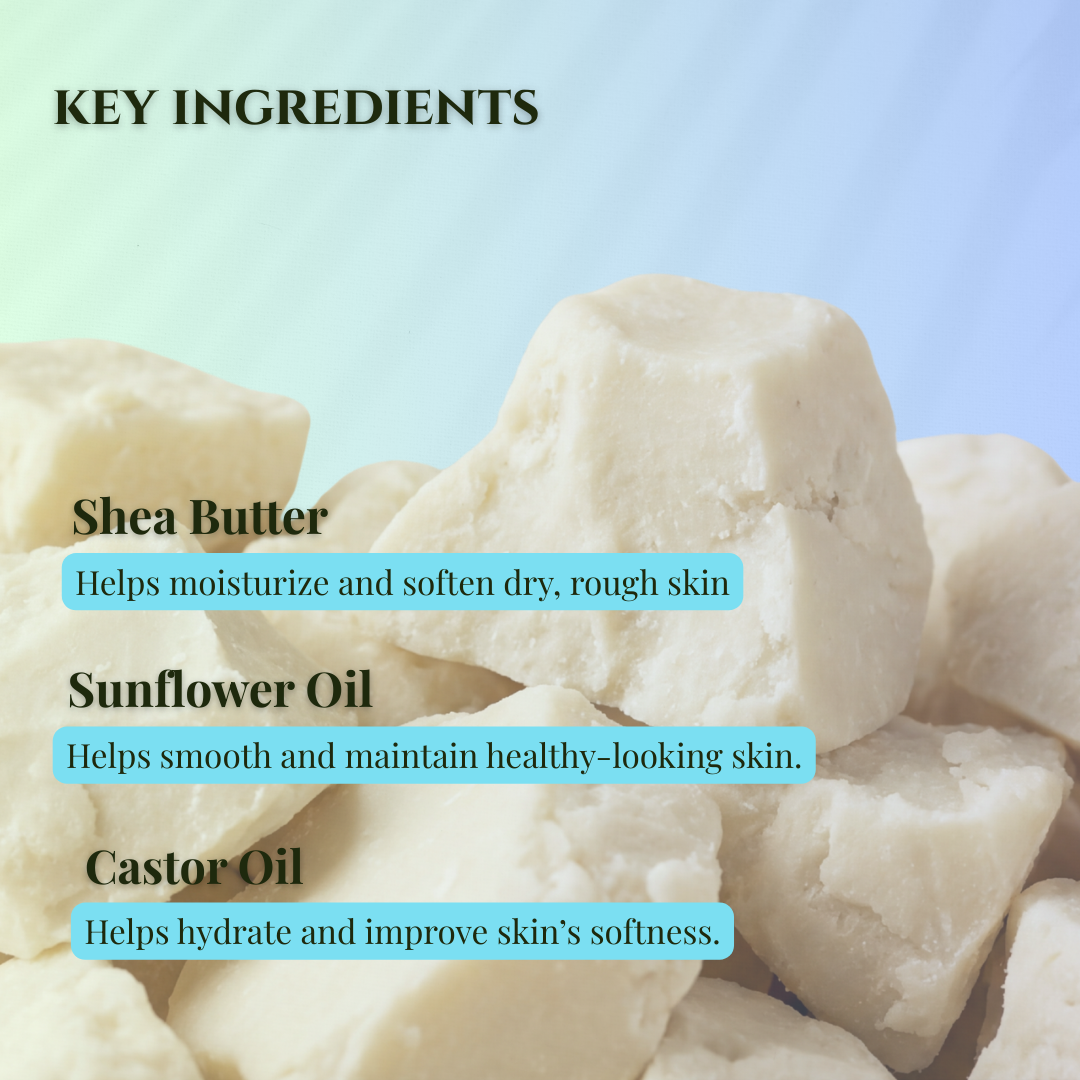 Key ingredients in JOSSPURE mens fresh mild shea butter soap including shea butter, sunflower oil, and castor oil