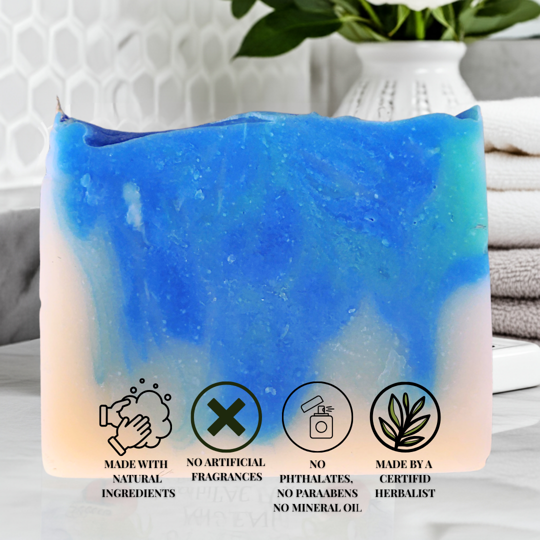 JOSSPURE mens fresh mild shea butter soap with blue and white swirls, made with natural ingredients