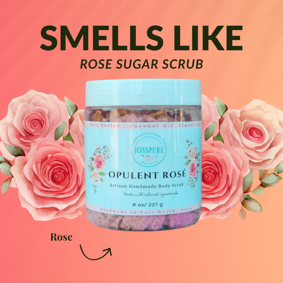 JOSSPURE Opulent Rose Luxury Sugar Scrub in a clear jar with a floral background and a label describing its scent