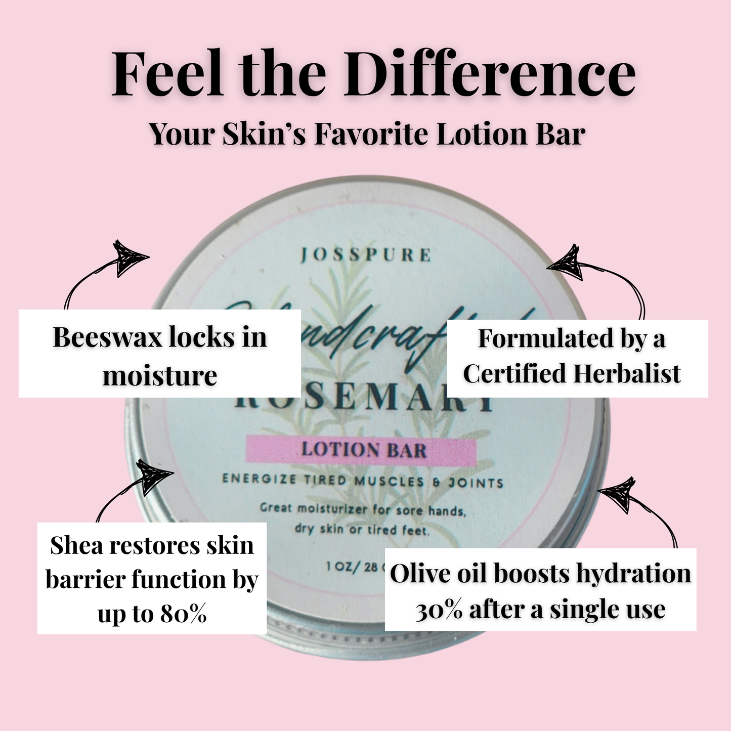 JOSSPURE rosemary travel size mini lotion bar in a tin, designed for skin hydration and muscle relief