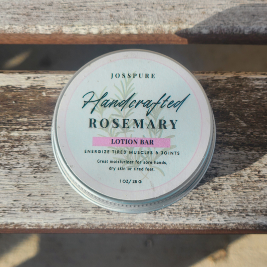 JOSSPURE Handcrafted Rosemary travel size mini lotion bar in a metal tin for moisturizing dry skin