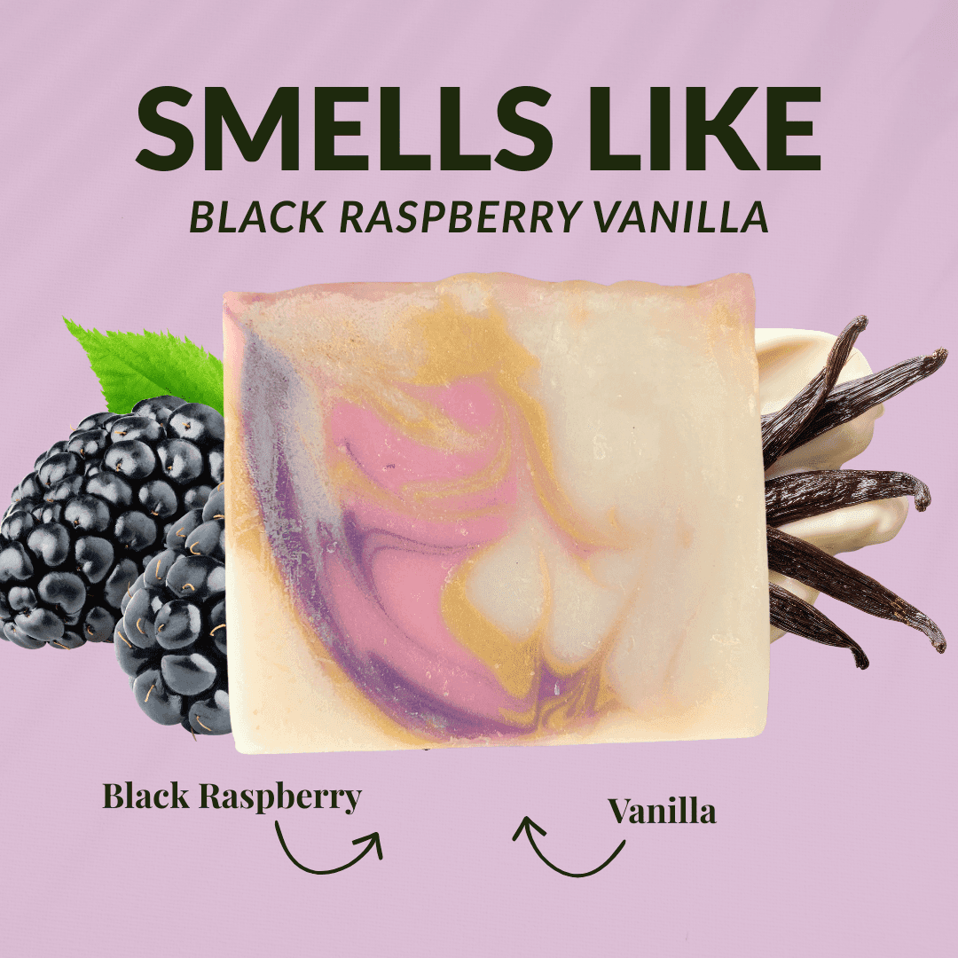 Handmade black raspberry vanilla mild shea butter soap with swirls and fragrance notes of black raspberry and vanilla