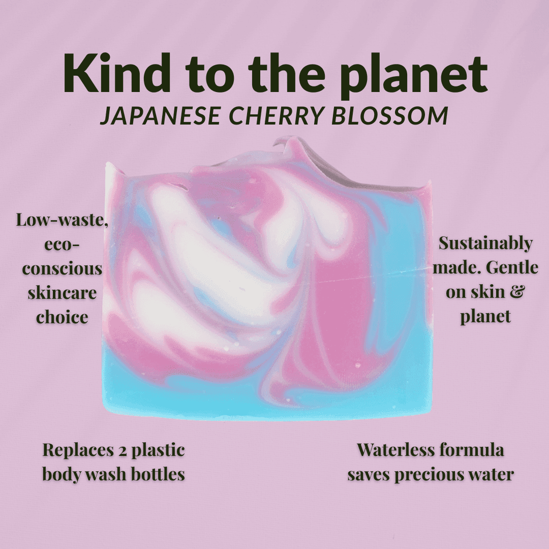 Sustainable Japanese cherry blossom soap in pink and blue swirl design, eco-friendly body care choice