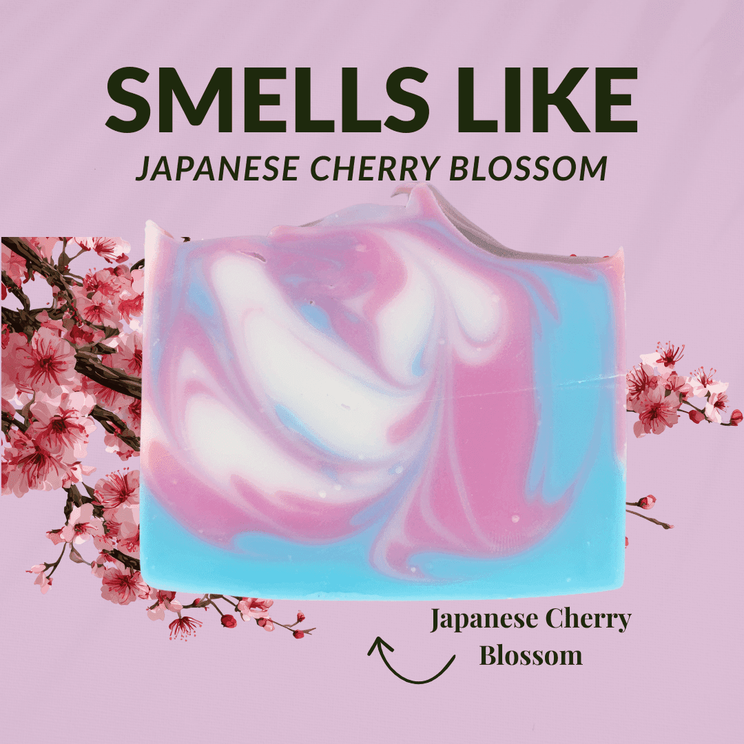 Colorful Japanese cherry blossom soap with a swirled design and floral background