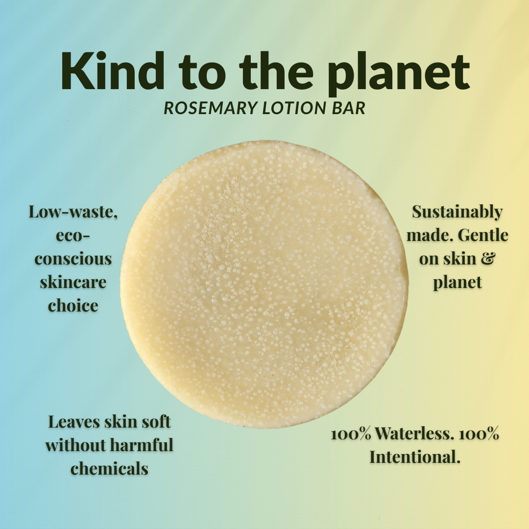 Rosemary travel size mini lotion bar highlighting eco-friendly and skin-friendly benefits