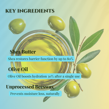 Key ingredients for rosemary travel size mini lotion bar including shea butter and olive oil in a vibrant layout