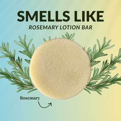 Rosemary travel size mini lotion bar surrounded by fresh rosemary leaves for natural skincare