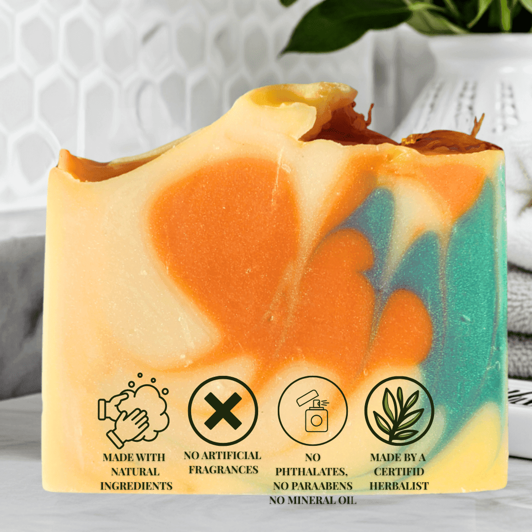 Handmade JOSSPURE soap with natural ingredients from a soap subscription box, colorful swirl design