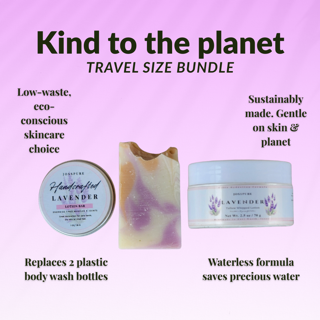 Travel size self-care bundle featuring lavender handmade soap, body lotion, and cream for eco-conscious skincare