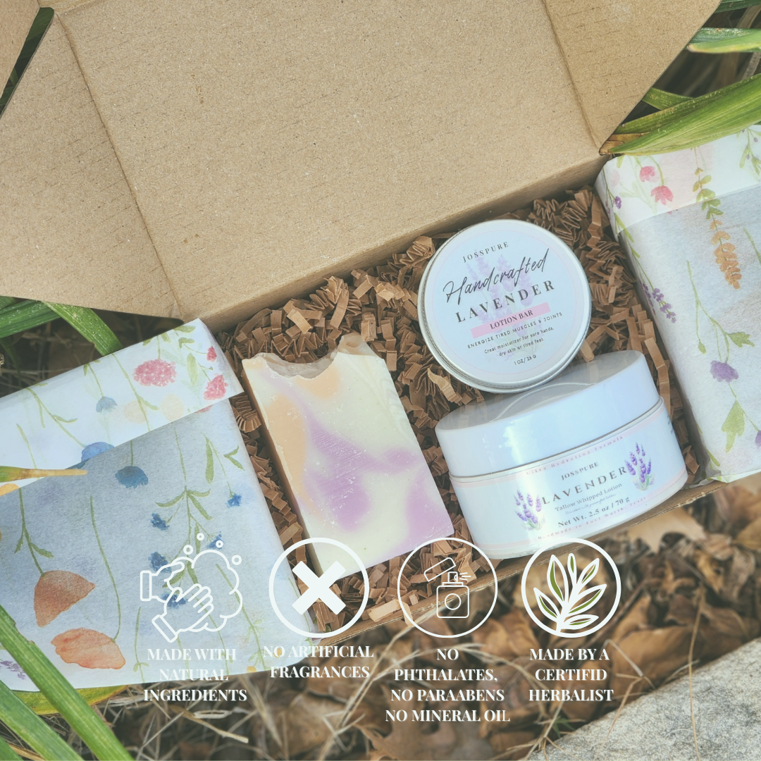 Travel size self-care bundle with handmade soaps and lavender body cream in eco-friendly packaging