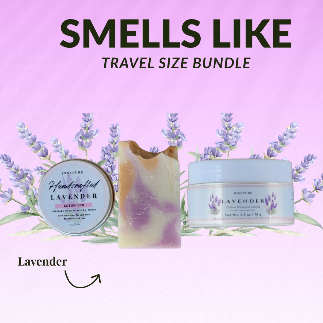 Travel size self-care bundle of lavender handmade soap, lotion, and body care products