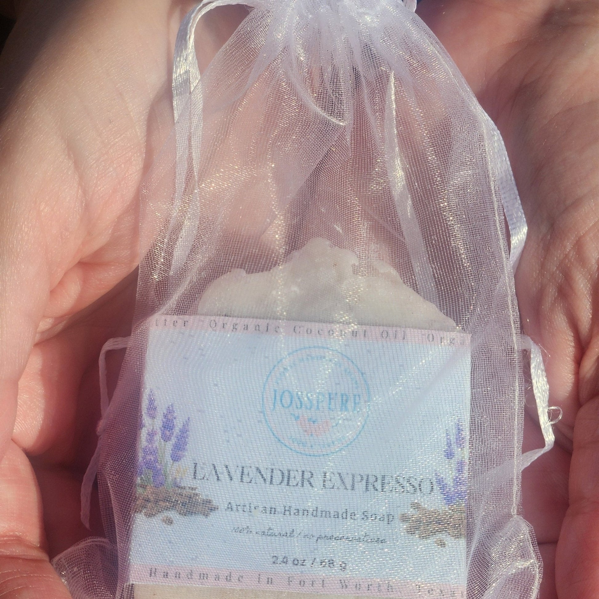 JOSSPURE artisan handmade wedding soap favors lavender expresso scent in sheer white drawstring bag