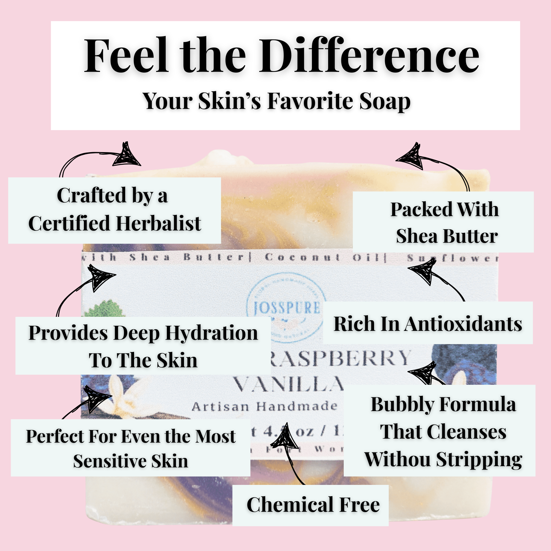 JOSSPURE black raspberry vanilla mild shea butter soap with deep hydration and antioxidant benefits