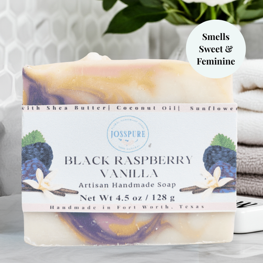 JOSSPURE black raspberry vanilla mild shea butter soap handmade artisan bar with creamy swirls