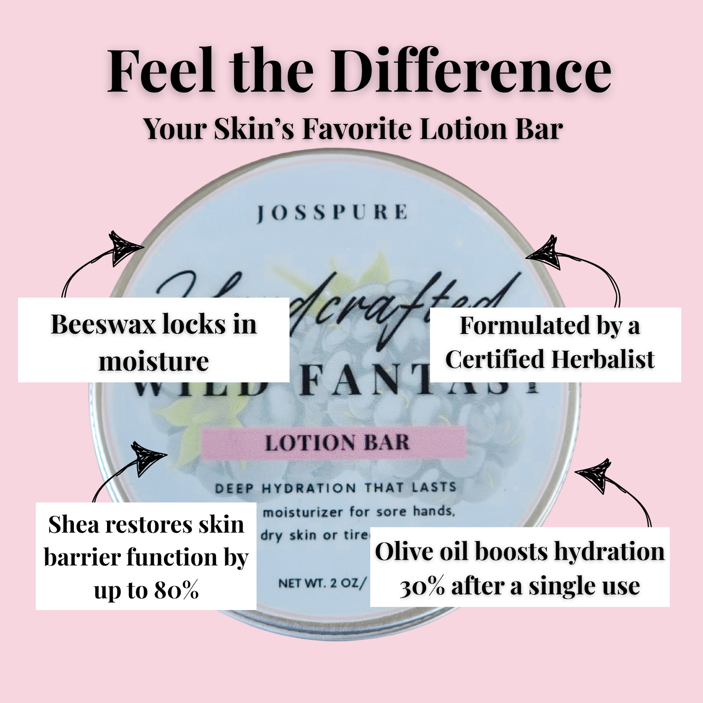 JOSSPURE Blackberry Sage travel size mini lotion bar in a pink floral package providing deep hydration