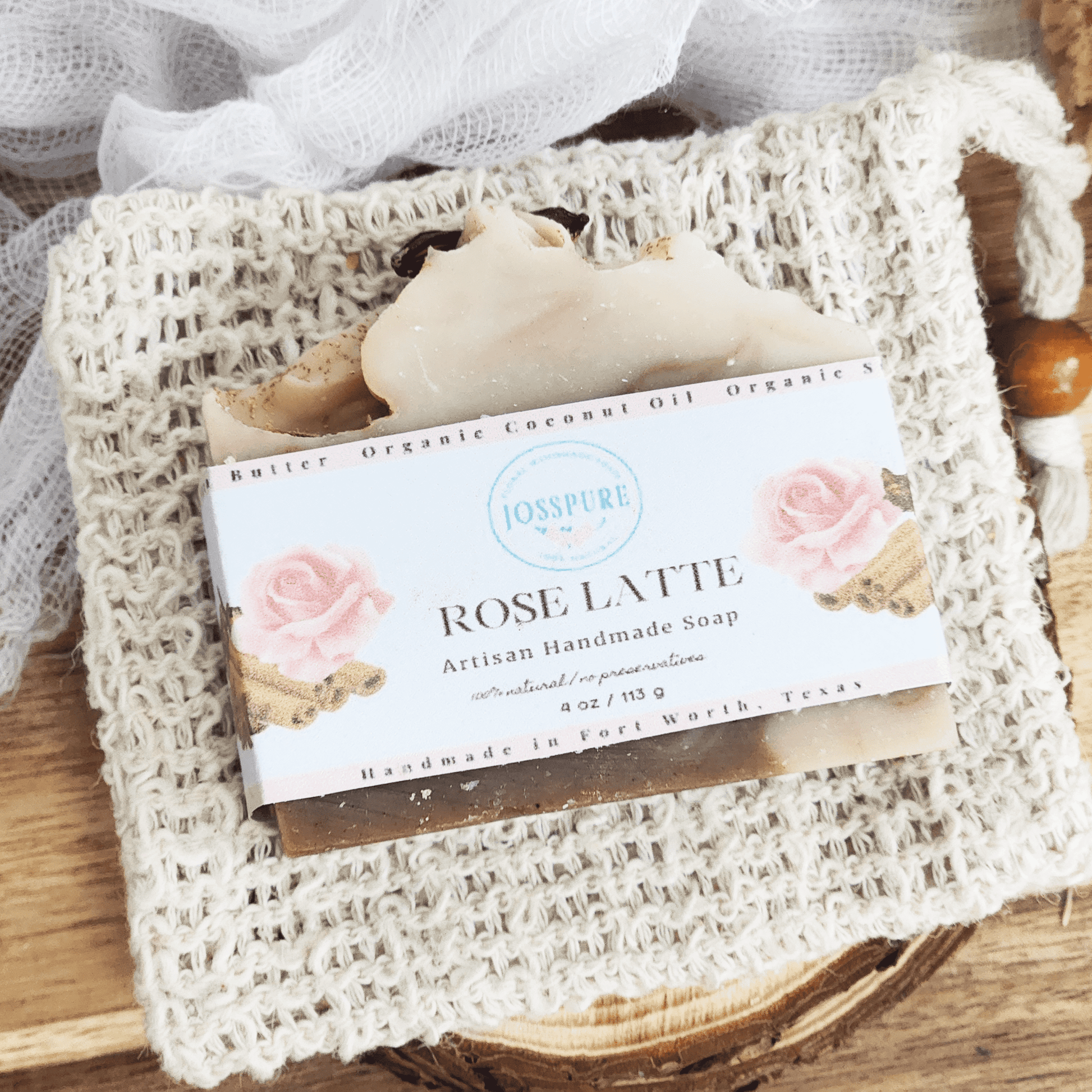 JOSSPURE chai latte mild shea butter soap Rose Latte artisan handmade soap on a woven pouch