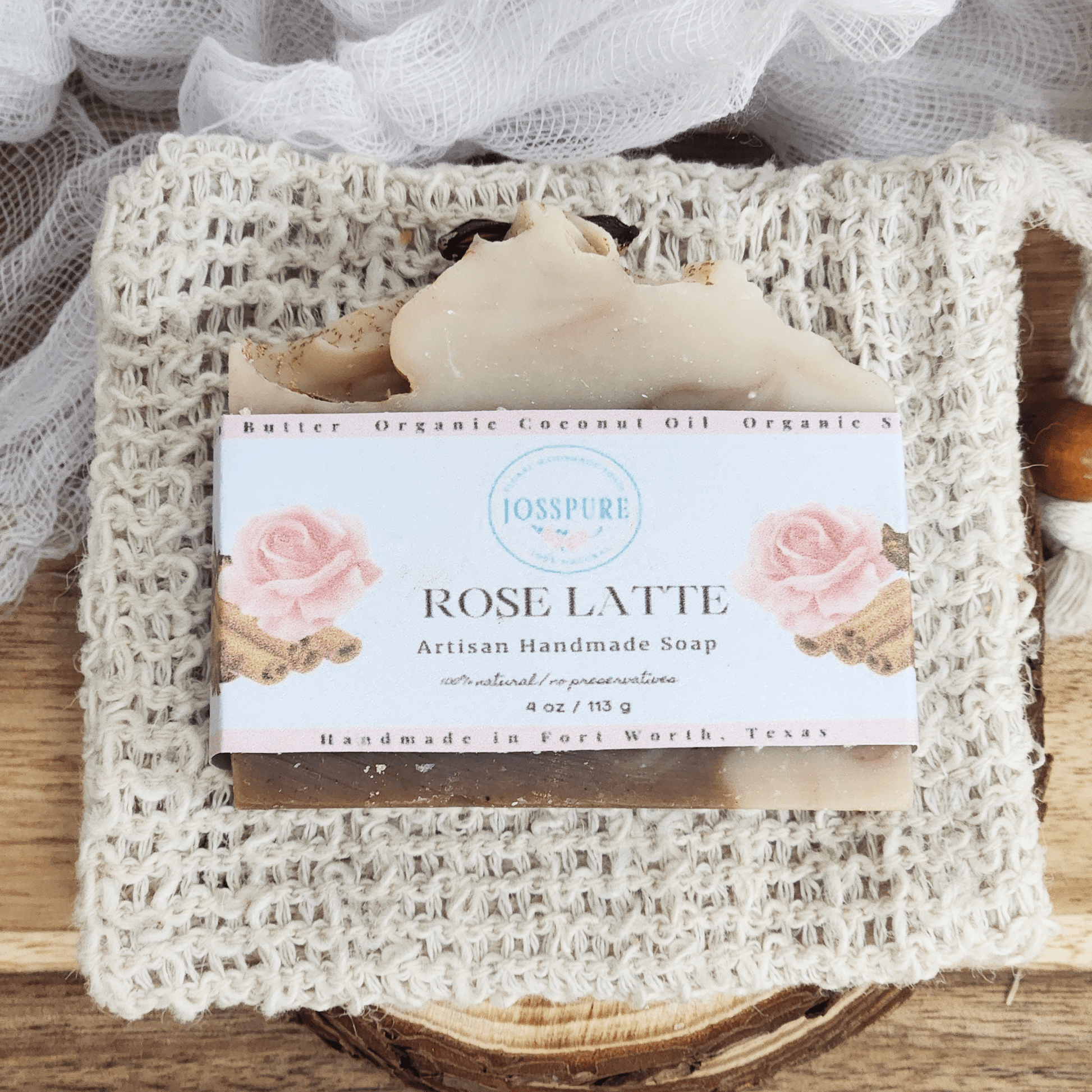 JOSSPURE chai latte mild shea butter soap handmade artisan bar with natural ingredients on a woven cloth