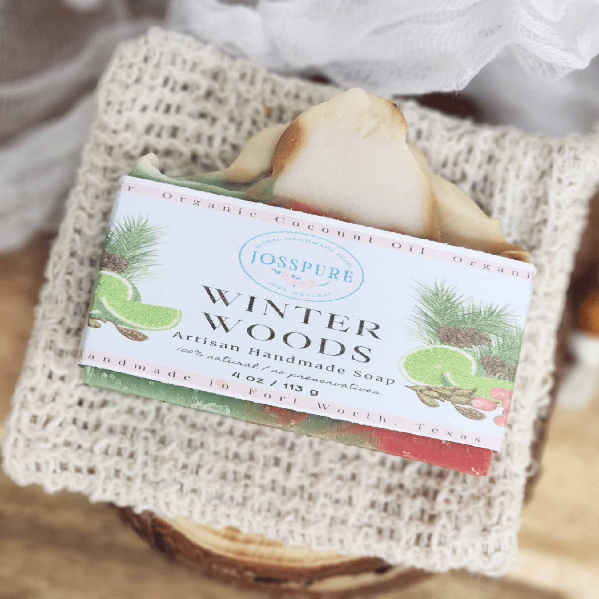 Christmas mild shea butter soap Winter Woods by Josspure with natural ingredients and festive packaging