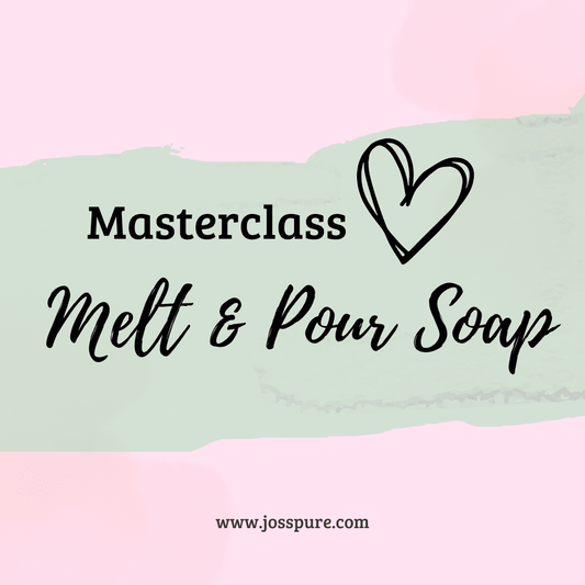 DIY melt and pour soap making class masterclass banner with heart graphic on pastel background