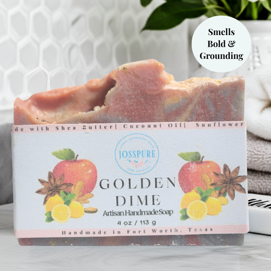 JOSSPURE fall mild shea butter soap Golden Dime artisan handmade bar with apple and spice design