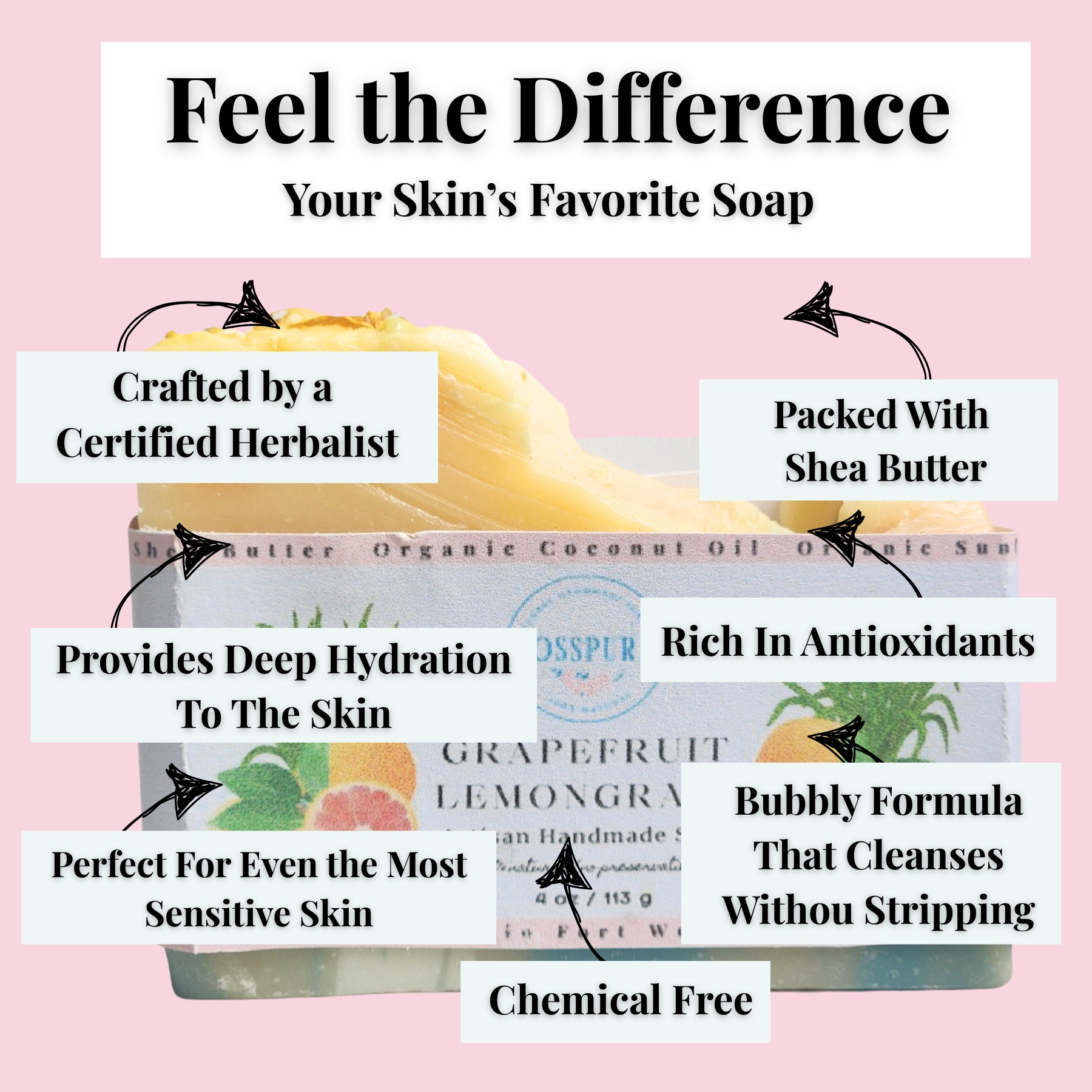 JOSSPURE grapefruit lemongrass mild shea butter soap bar with natural ingredients and hydration benefits