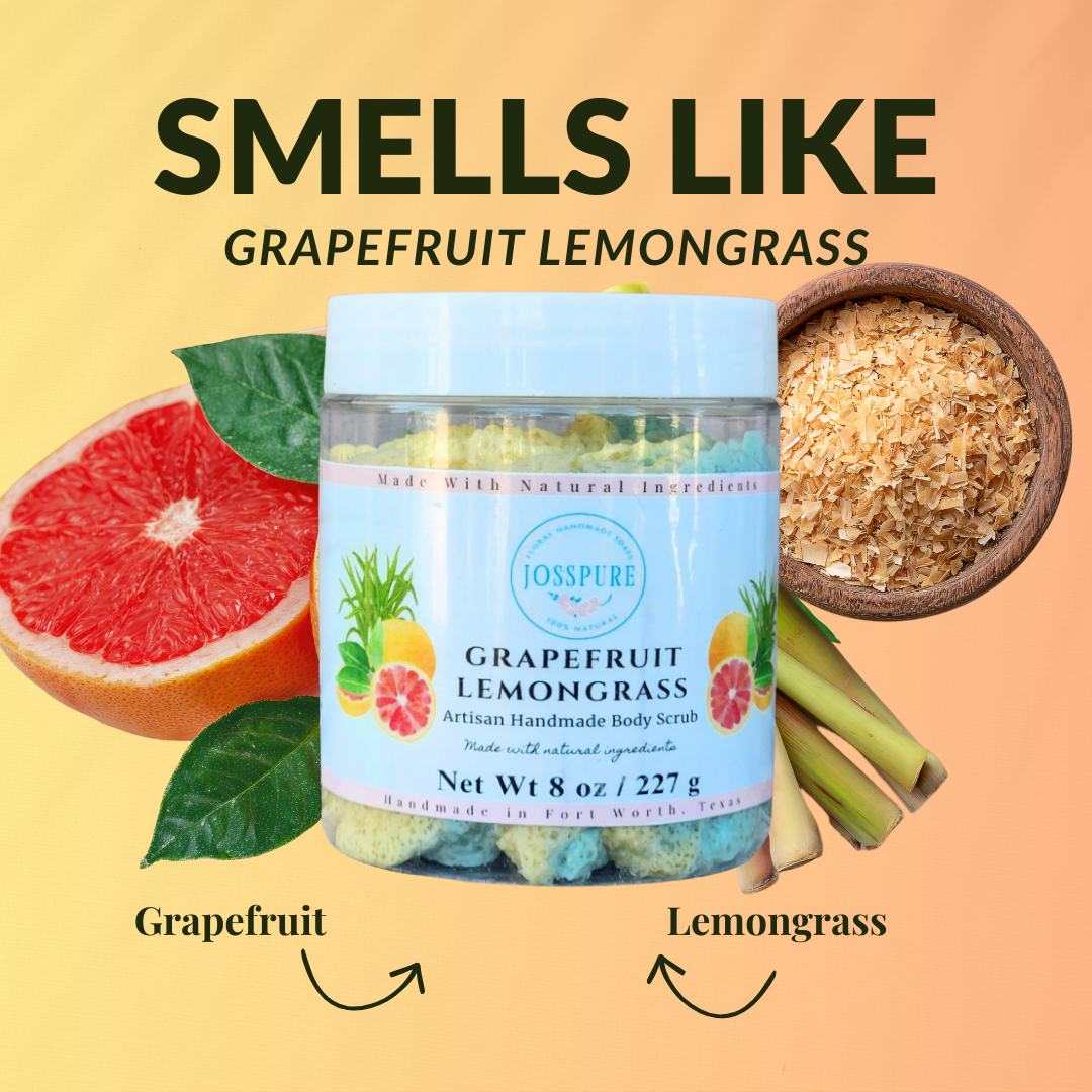 JOSSPURE Grapefruit Orange Luxury Sugar Scrub in a clear container with natural ingredients and vibrant fruit background
