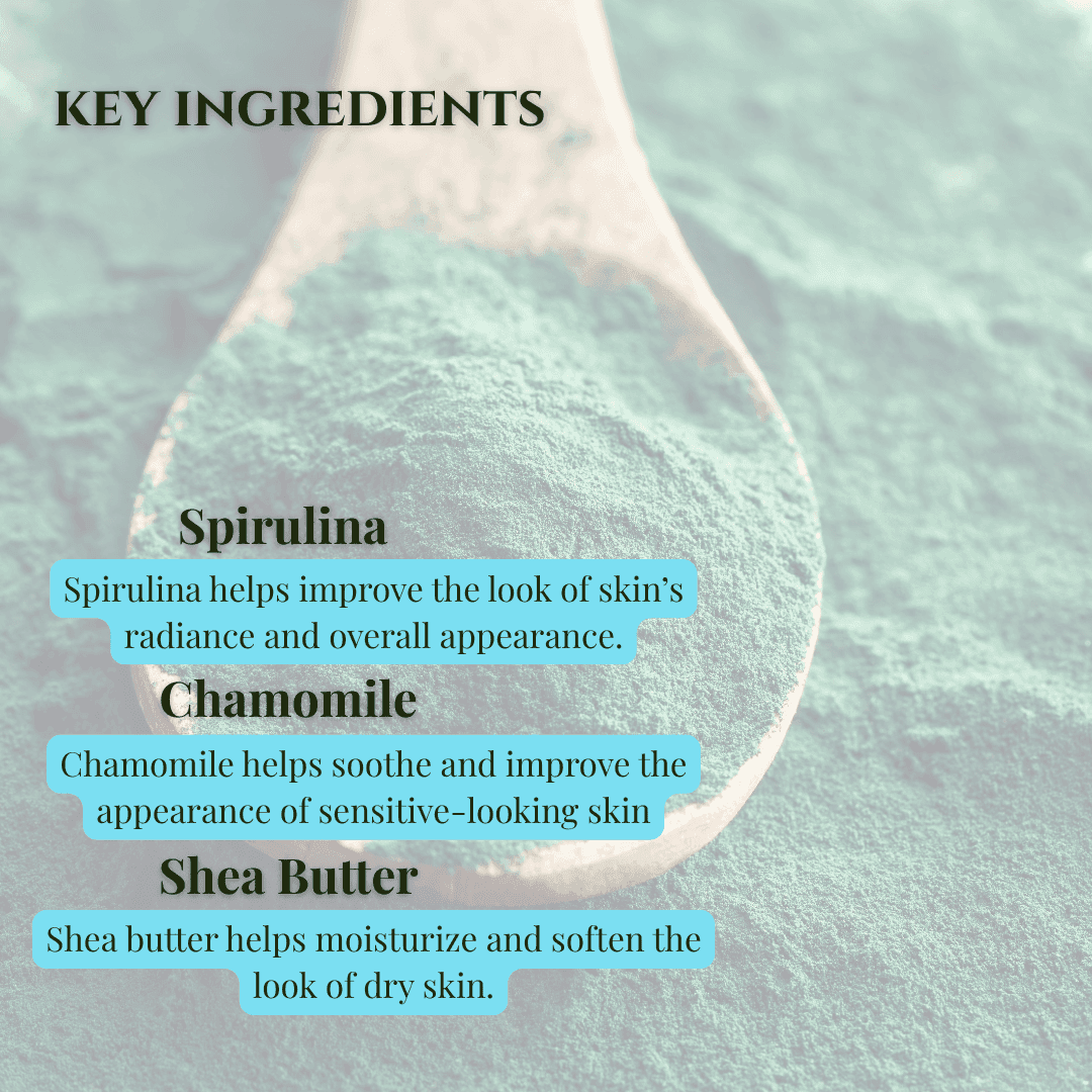 Green All Natural Soap with key ingredients: Spirulina, Chamomile, and Shea Butter for radiant skin