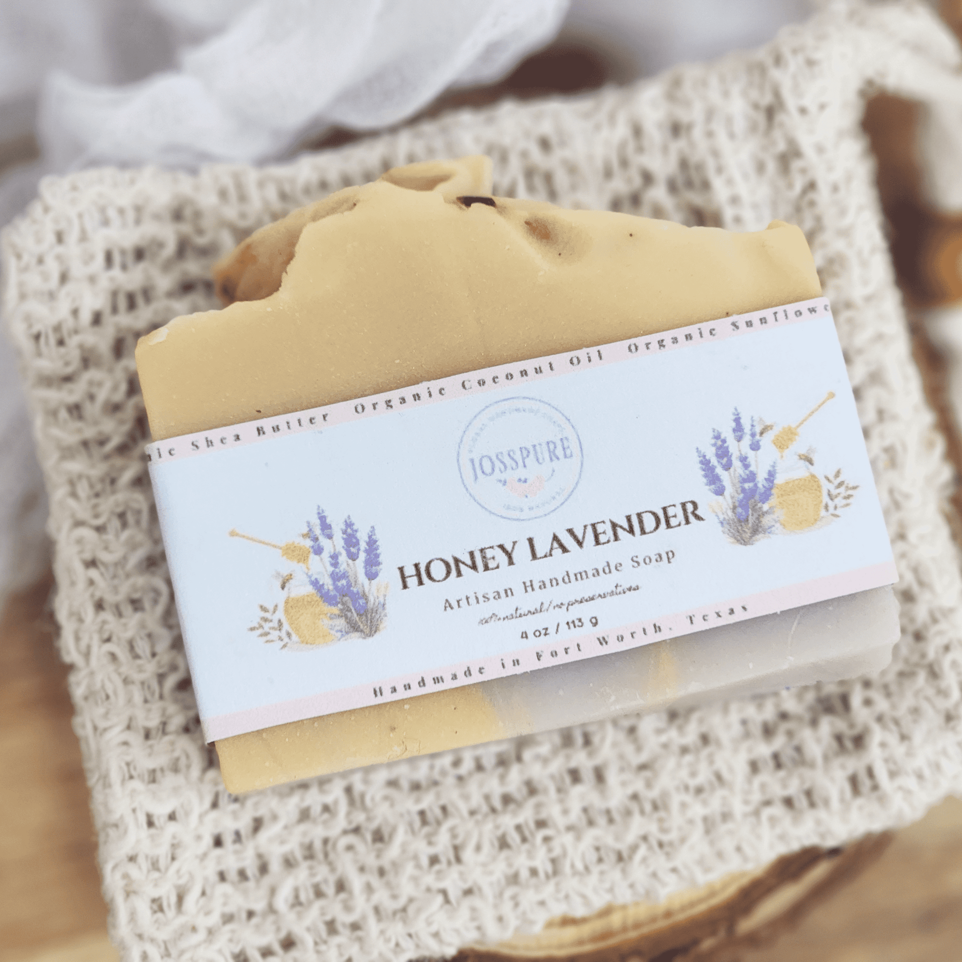 JOSSPURE honey lavender mild shea butter soap bar with natural ingredients wrapped in white label