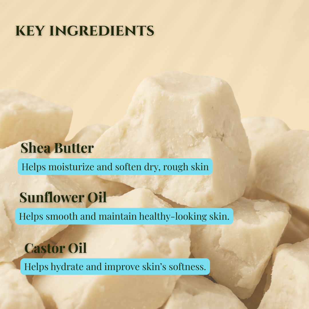 Key ingredients of honey lavender mild shea butter soap showcasing shea butter, sunflower oil, and castor oil