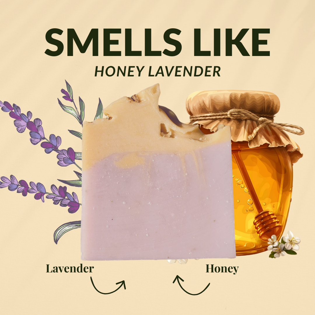 Honey lavender mild shea butter soap with lavender and honey graphics for natural skincare