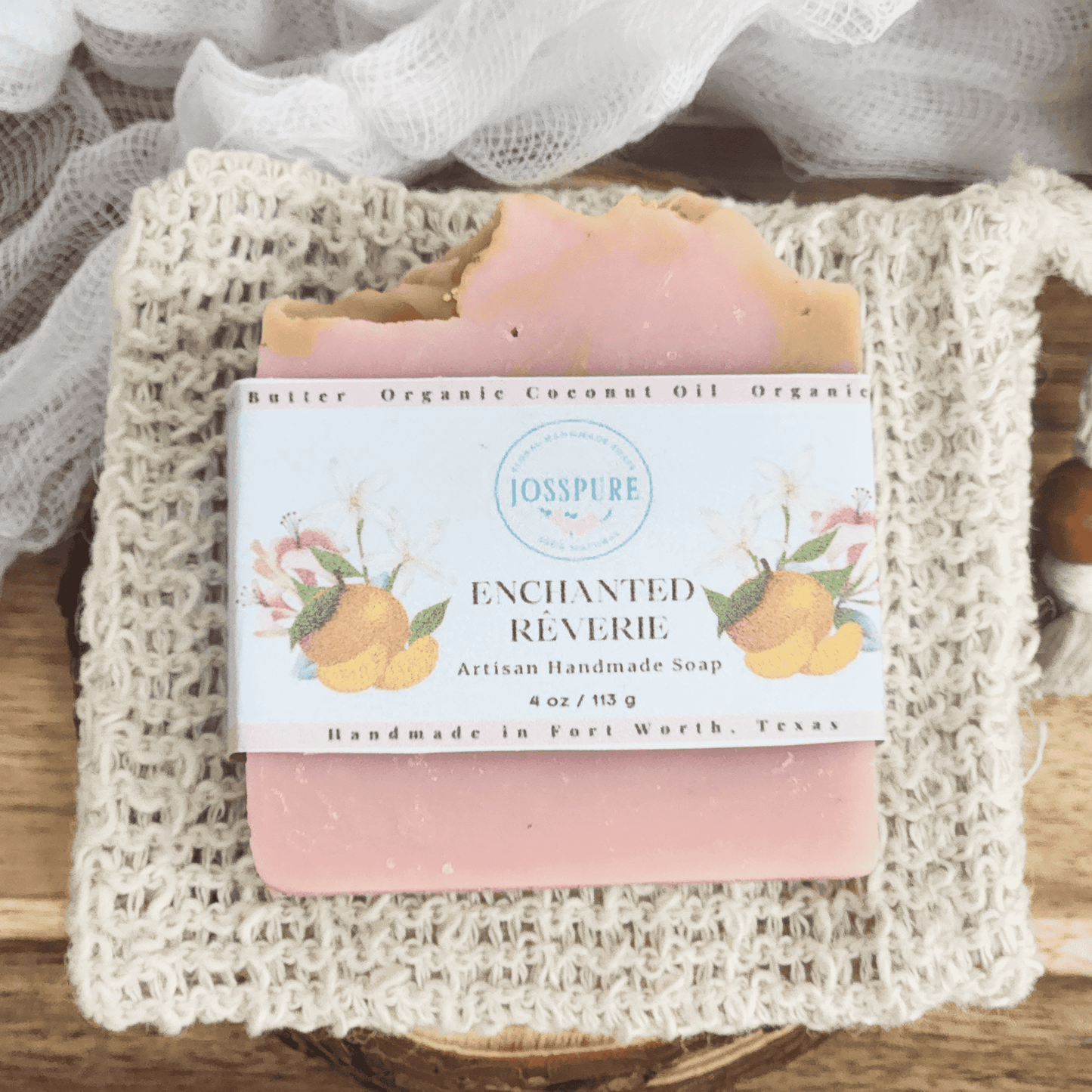 JOSSPURE jasmine gardenia mild shea butter soap handmade artisan soap bar on a woven soap saver
