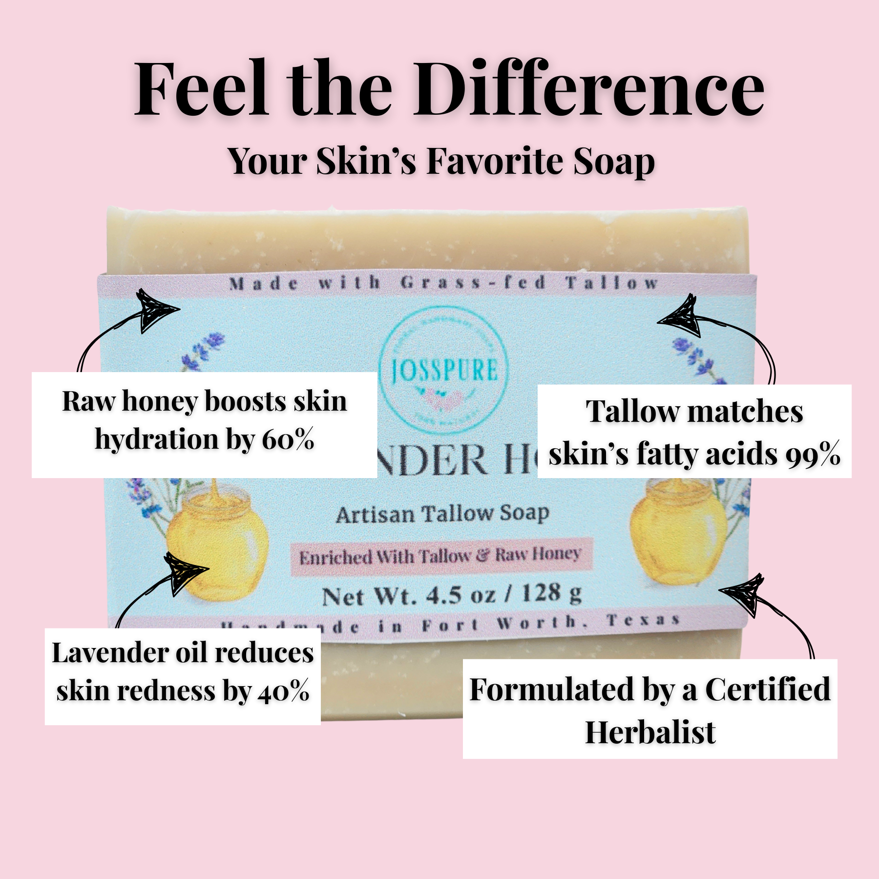 JOSSPURE Lavender Honey Tallow Soap featuring raw honey and lavender oil for skin hydration and redness reduction