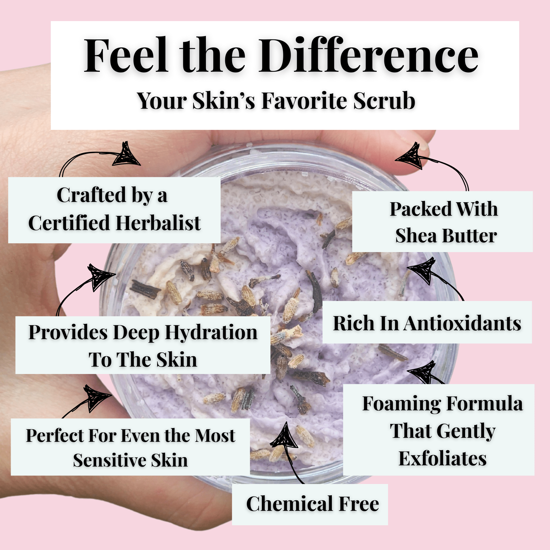 Lavender luxury sugar scrub in container showing creamy texture with natural exfoliating ingredients