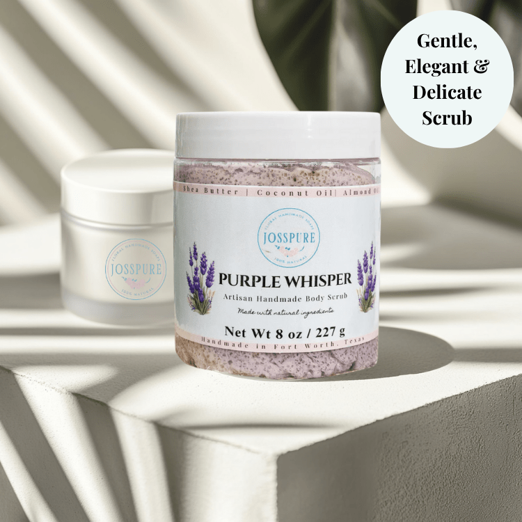 JOSSPURE lavender luxury sugar scrub Purple Whisper artisan handmade body scrub jar on white pedestal