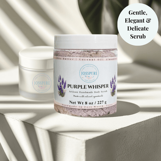 JOSSPURE lavender luxury sugar scrub Purple Whisper artisan handmade body scrub jar on white pedestal