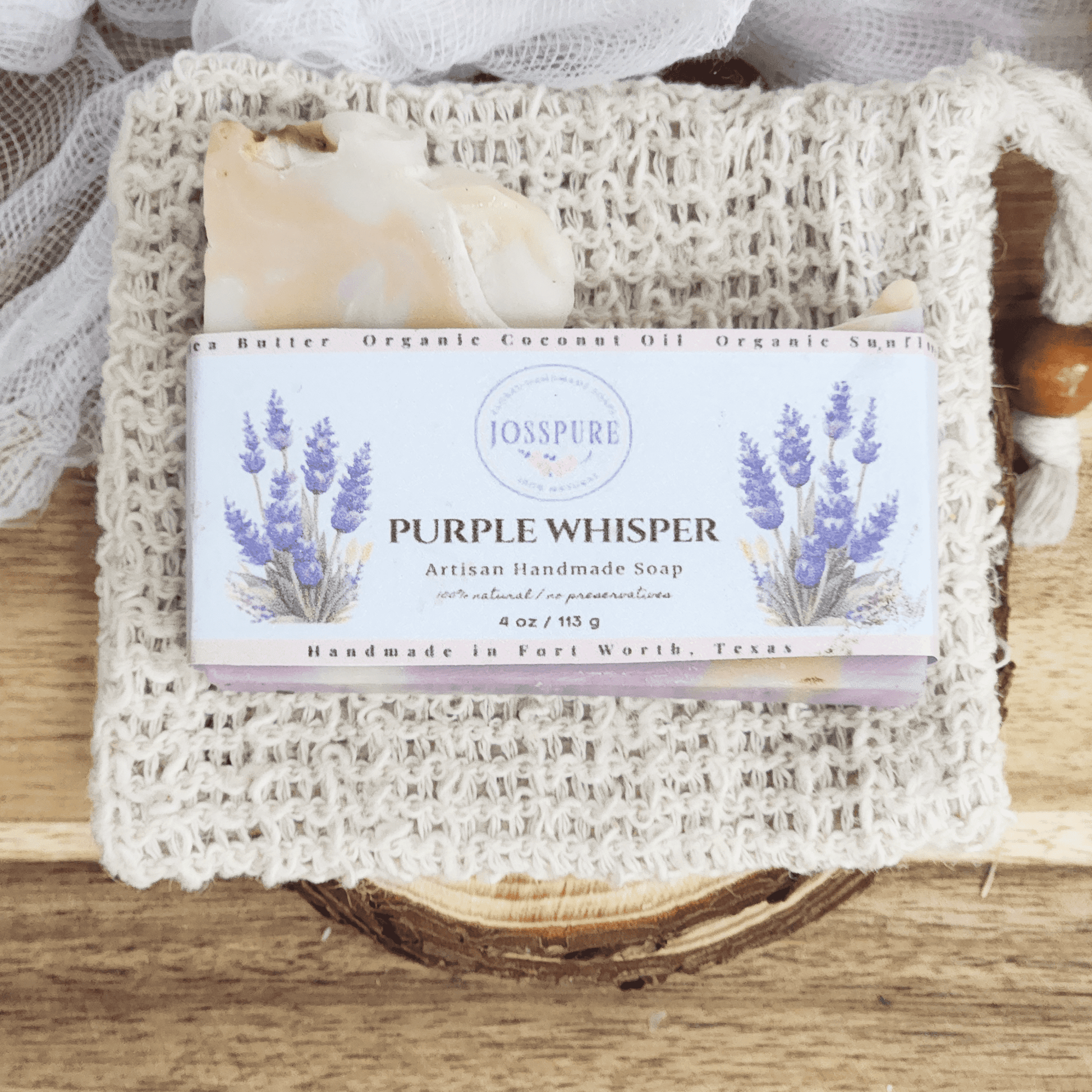 JOSSPURE Lavender Mild Shea Butter Soap Purple Whisper artisan handmade natural soap bar on textured cloth