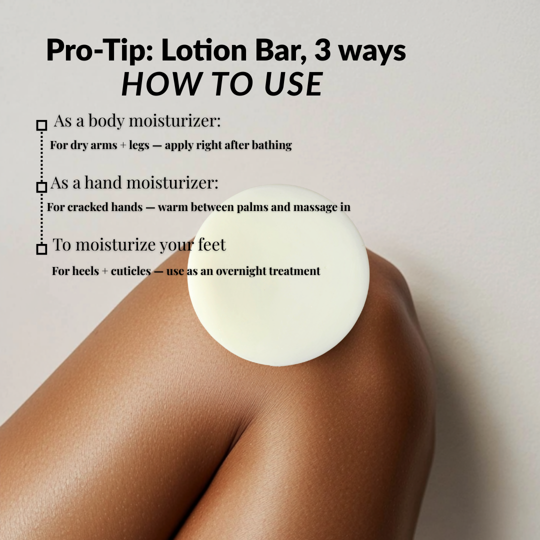 JOSSPURE lavender tallow solid lotion bar with usage tips for body, hands, and feet moisturization