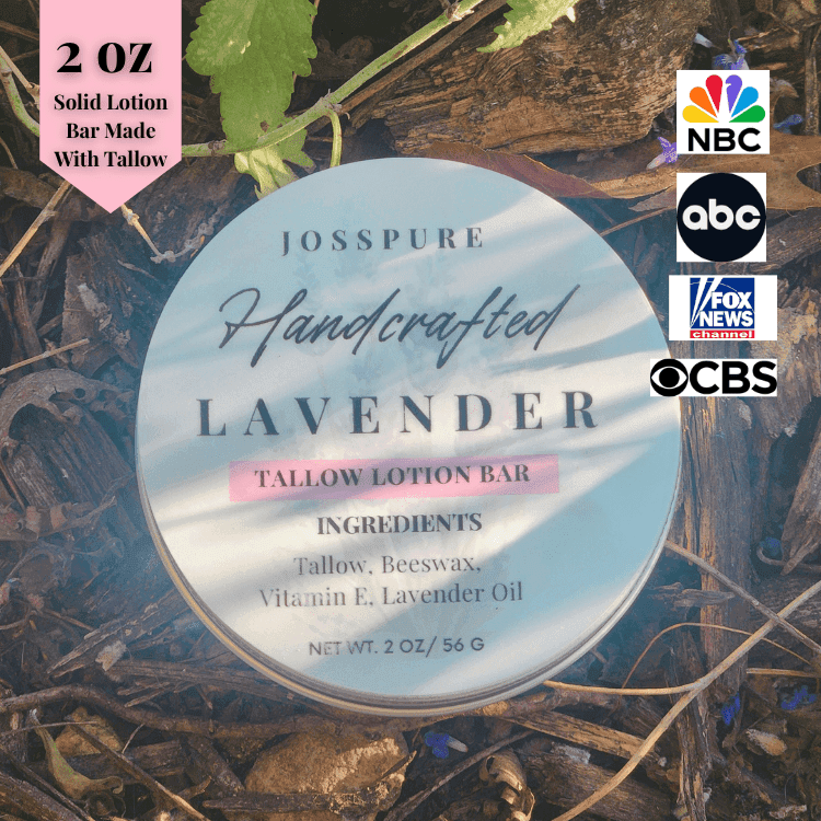 JOSSPURE lavender tallow solid lotion bar in 2 oz packaging made with tallow, beeswax, and lavender oil