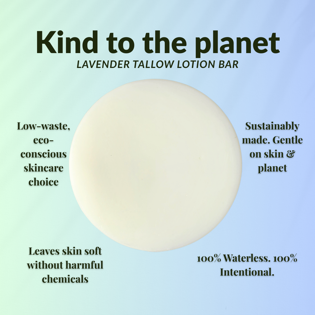 Lavender tallow solid lotion bar that is eco-friendly and gentle on skin, leaving it soft and chemical-free