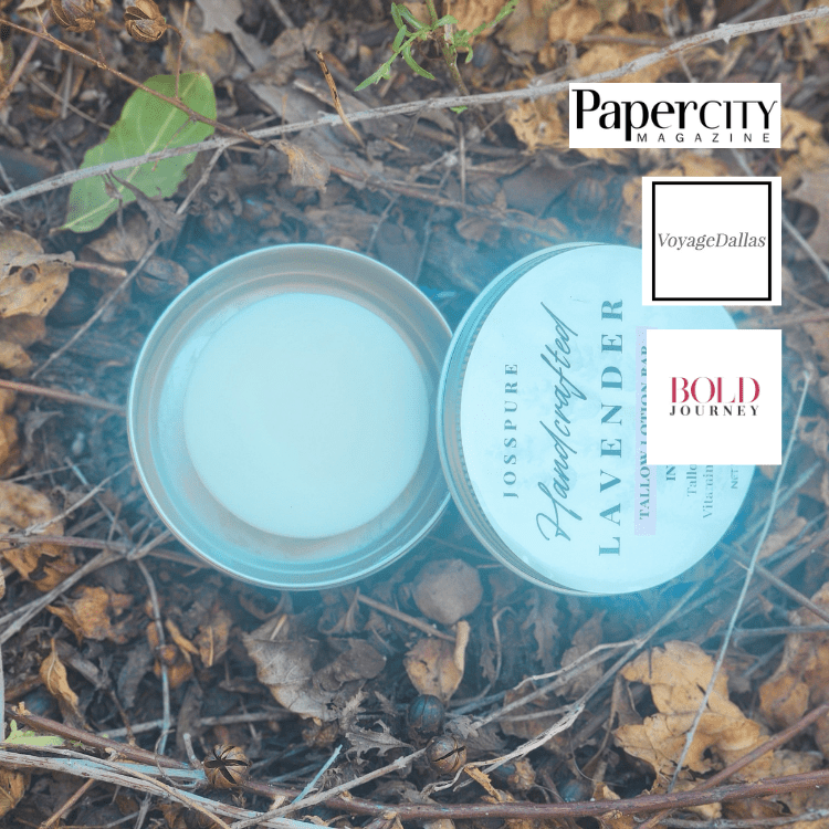 JOSSPURE lavender tallow solid lotion bar in a metal tin, perfect for moisturizing skin naturally.