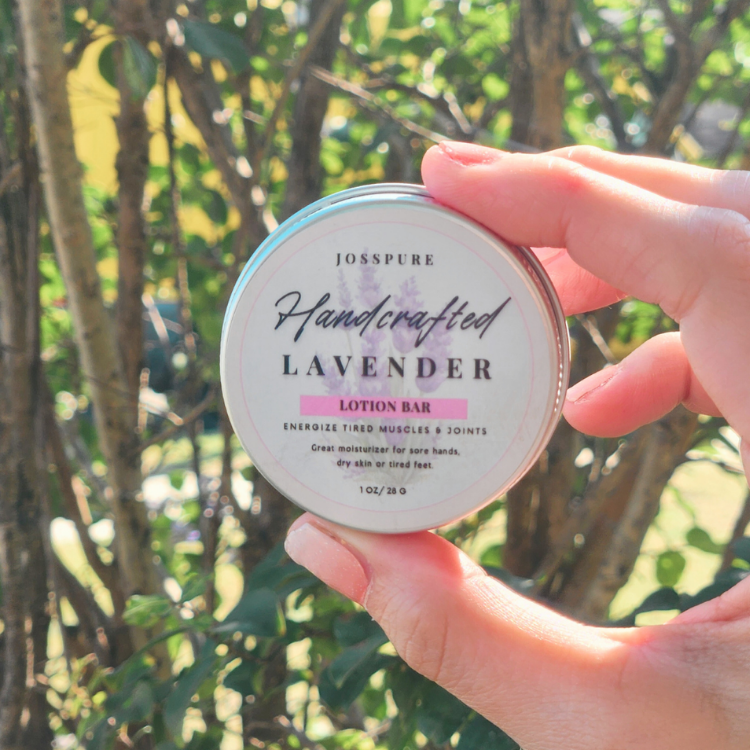 JOSSPURE handcrafted lavender travel size mini lotion bar in a tin for dry skin and tired muscles