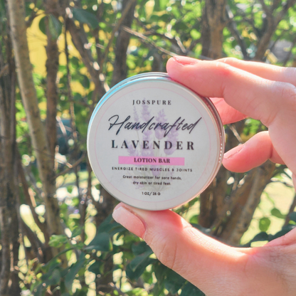 JOSSPURE handcrafted lavender travel size mini lotion bar in a tin for dry skin and tired muscles