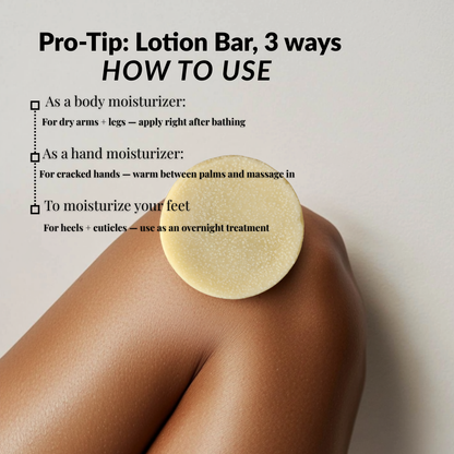 Lavender travel size mini lotion bar showcasing multiple uses for moisturizing skin