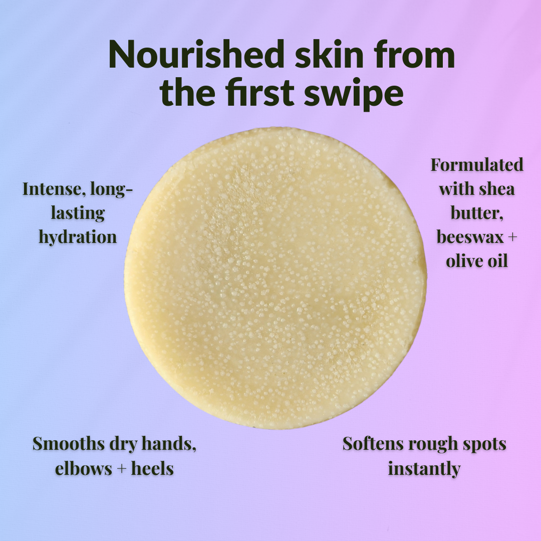 Lavender travel size mini lotion bar with shea butter for intense hydration and softening rough spots