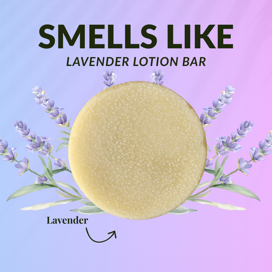 Lavender travel size mini lotion bar by JOSSPURE, a handmade shea butter natural soap on a floral background