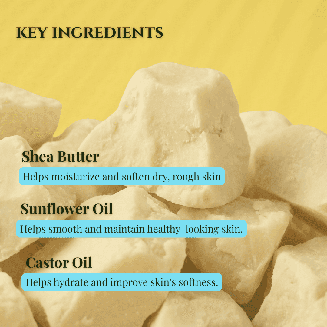 Key ingredients for lemongrass mild shea butter soap including shea butter, sunflower oil, and castor oil.