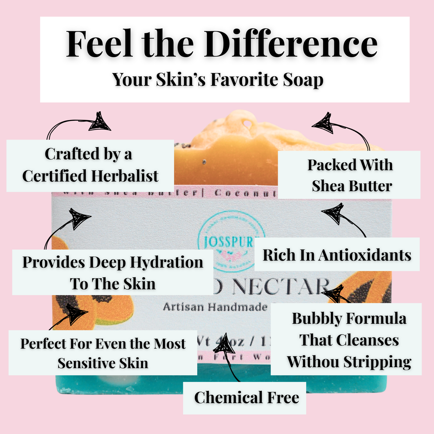 JOSSPURE handmade mango papaya shea butter soap bar with deep hydration and antioxidant-rich formula