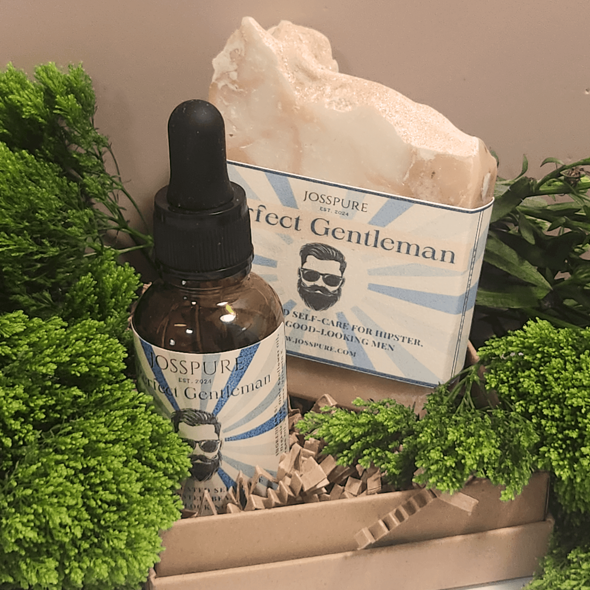 JOSSPURE Perfect Gentleman handmade soap and oil set surrounded by greenery mens gift set bundle