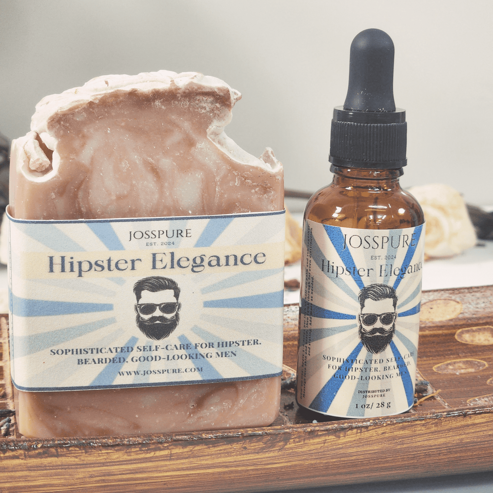 JOSSPURE Hipster Elegance mens gift set bundle with handmade shea butter soap and facial oil