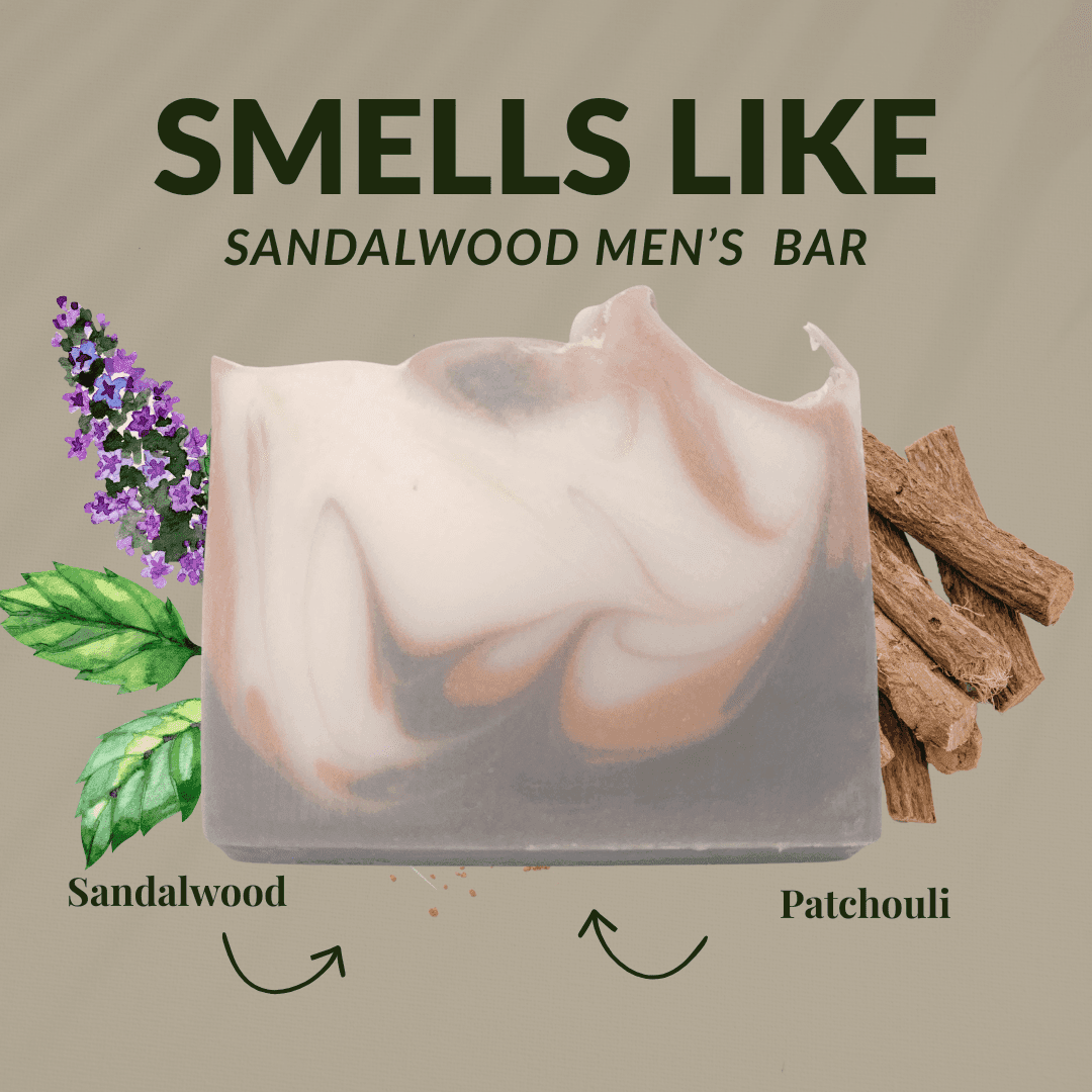 Handmade mens sandalwood patchouli shea butter soap with natural ingredients and aromatic swirls